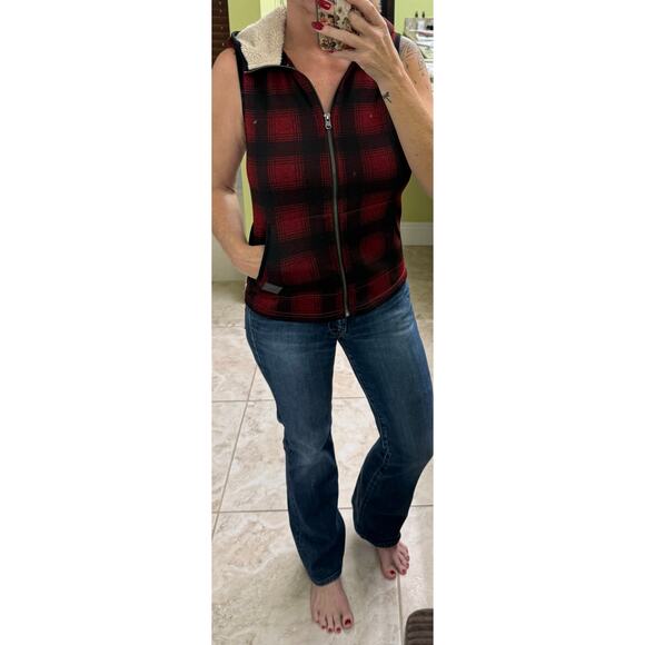Eddie Bauer NWOT XS buffalo plaid red black vest sherpa tan hoodie women's - Picture 4 of 7